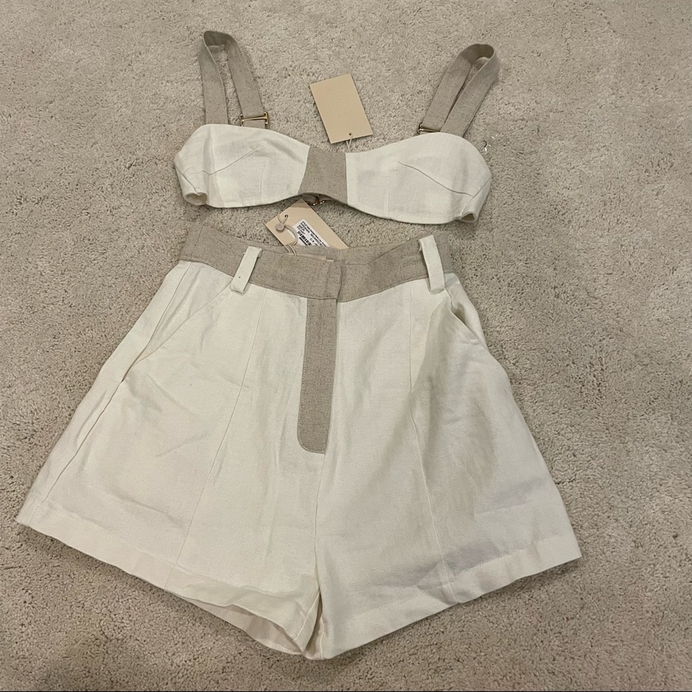 Meshki yalda contrast panel linen shorts and bustier set cream and tan NWT